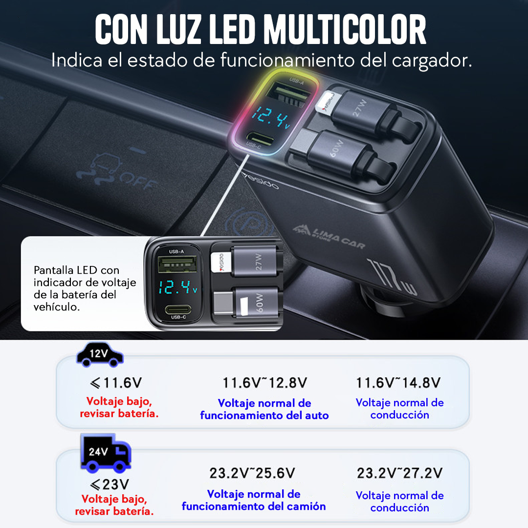 CARGADOR PARA AUTO 117W USB/USB-C LIGHTNING 4 EN 1 RETRÁCTIL MEDIDOR DE VOLTAJE - 6