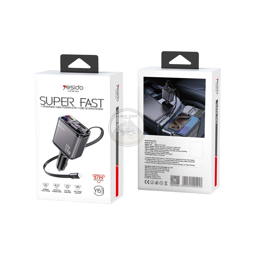 CARGADOR PARA AUTO 117W USB/USB-C LIGHTNING 4 EN 1 RETRÁCTIL MEDIDOR DE VOLTAJE - 7
