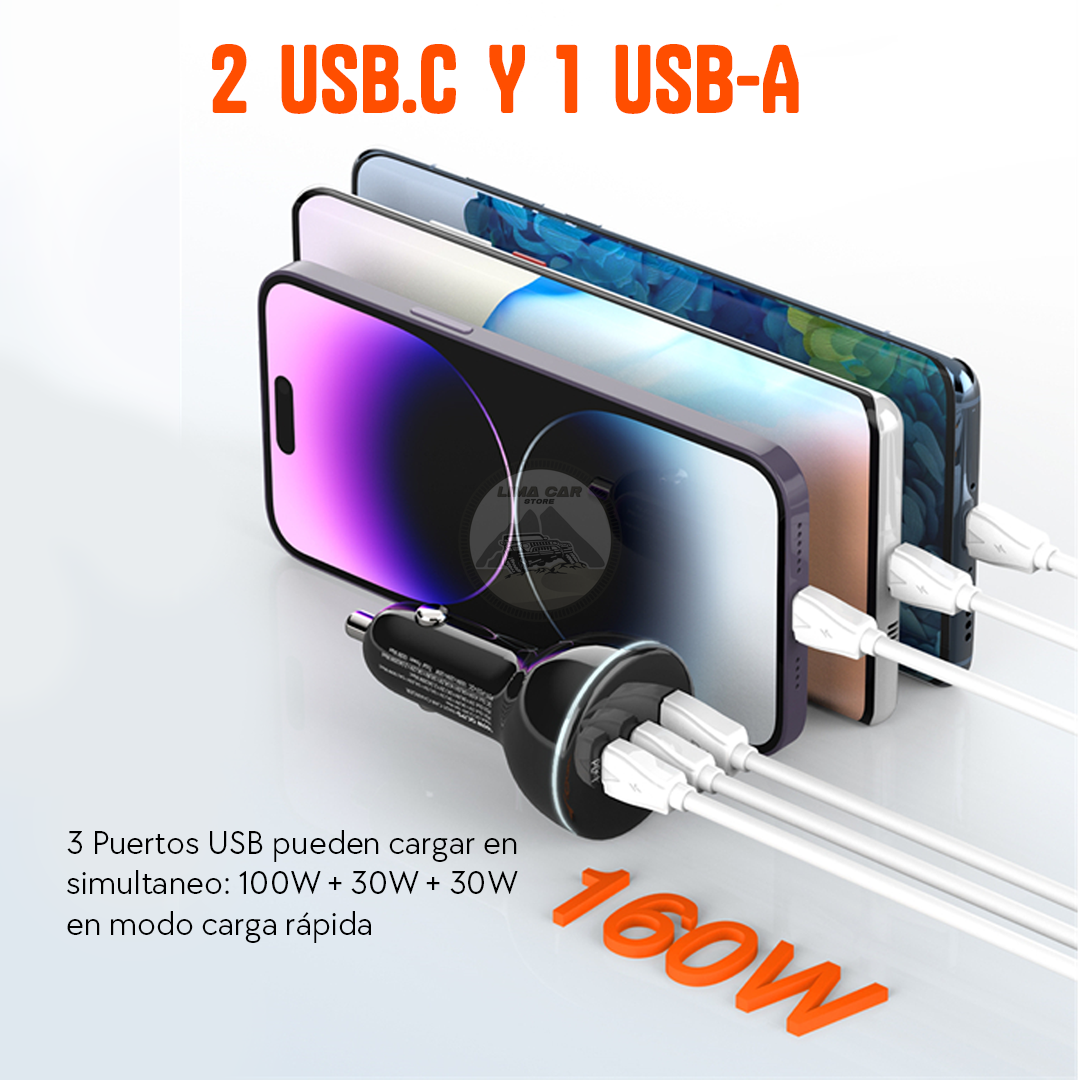 CARGADOR DE AUTO 160W USB/TIPO C X2 + CABLE TIPO C A C LINIO C102 - 3