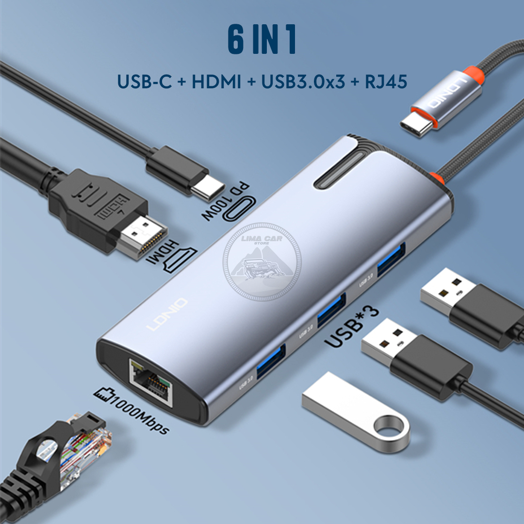 HUB ADAPTADOR 6 EN 1 ETHERNET/HDMI/USB-C 100W/USB X3 LDNIO - 2