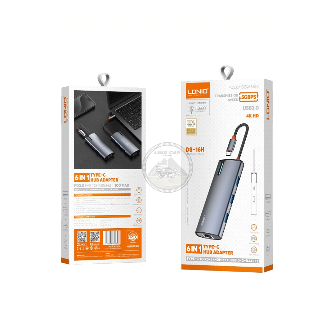 HUB ADAPTADOR 6 EN 1 ETHERNET/HDMI/USB-C 100W/USB X3 LDNIO - 6