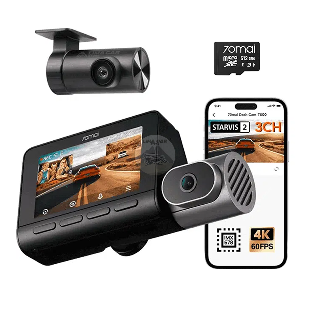 CÁMARA DE AUTO DASHCAM 4K + 512 GB  3 CÁMARAS WIFI 70MAI T800 - 1