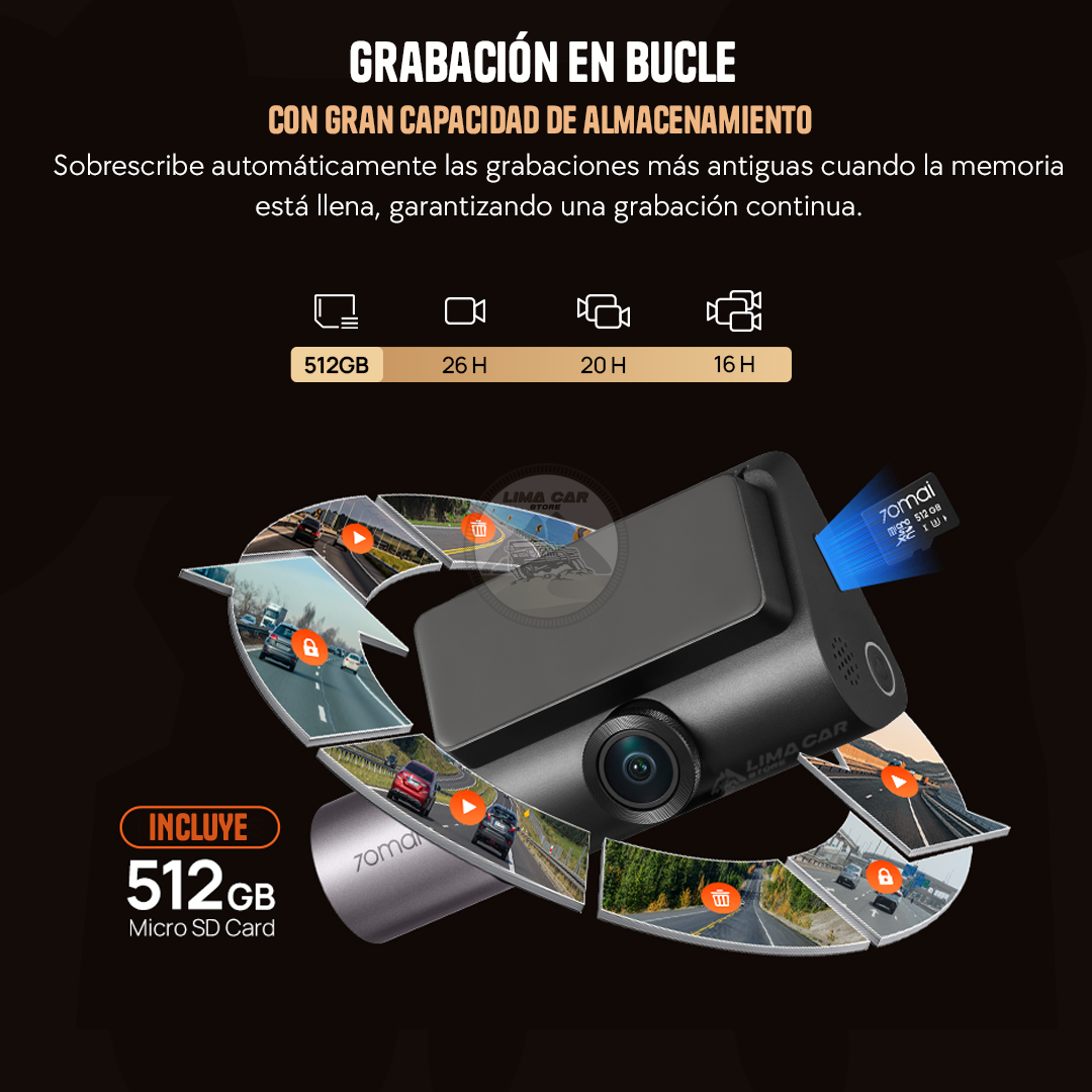 CÁMARA DE AUTO DASHCAM 4K + 512 GB  3 CÁMARAS WIFI 70MAI T800 - 3