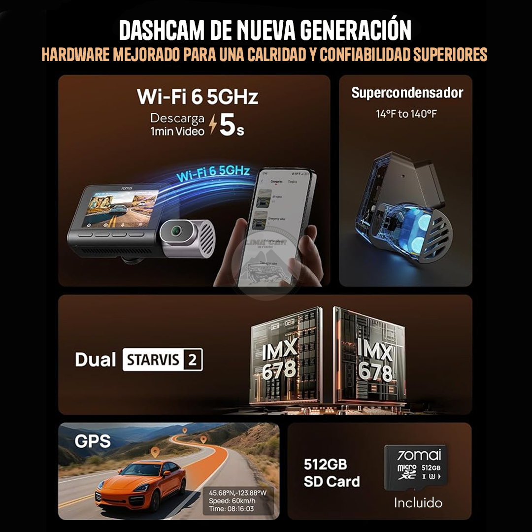 CÁMARA DE AUTO DASHCAM 4K + 512 GB  3 CÁMARAS WIFI 70MAI T800 - 4