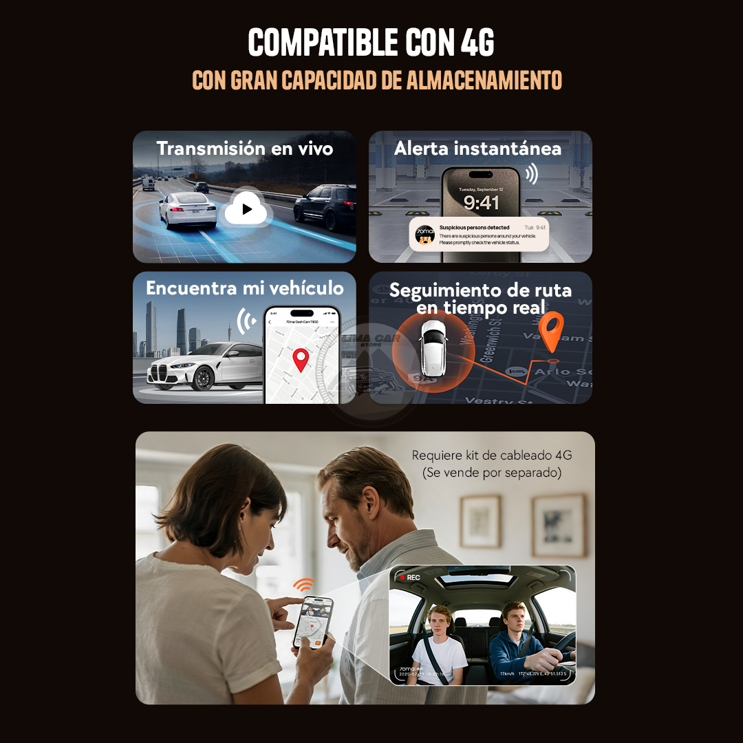 CÁMARA DE AUTO DASHCAM 4K + 512 GB  3 CÁMARAS WIFI 70MAI T800 - 6