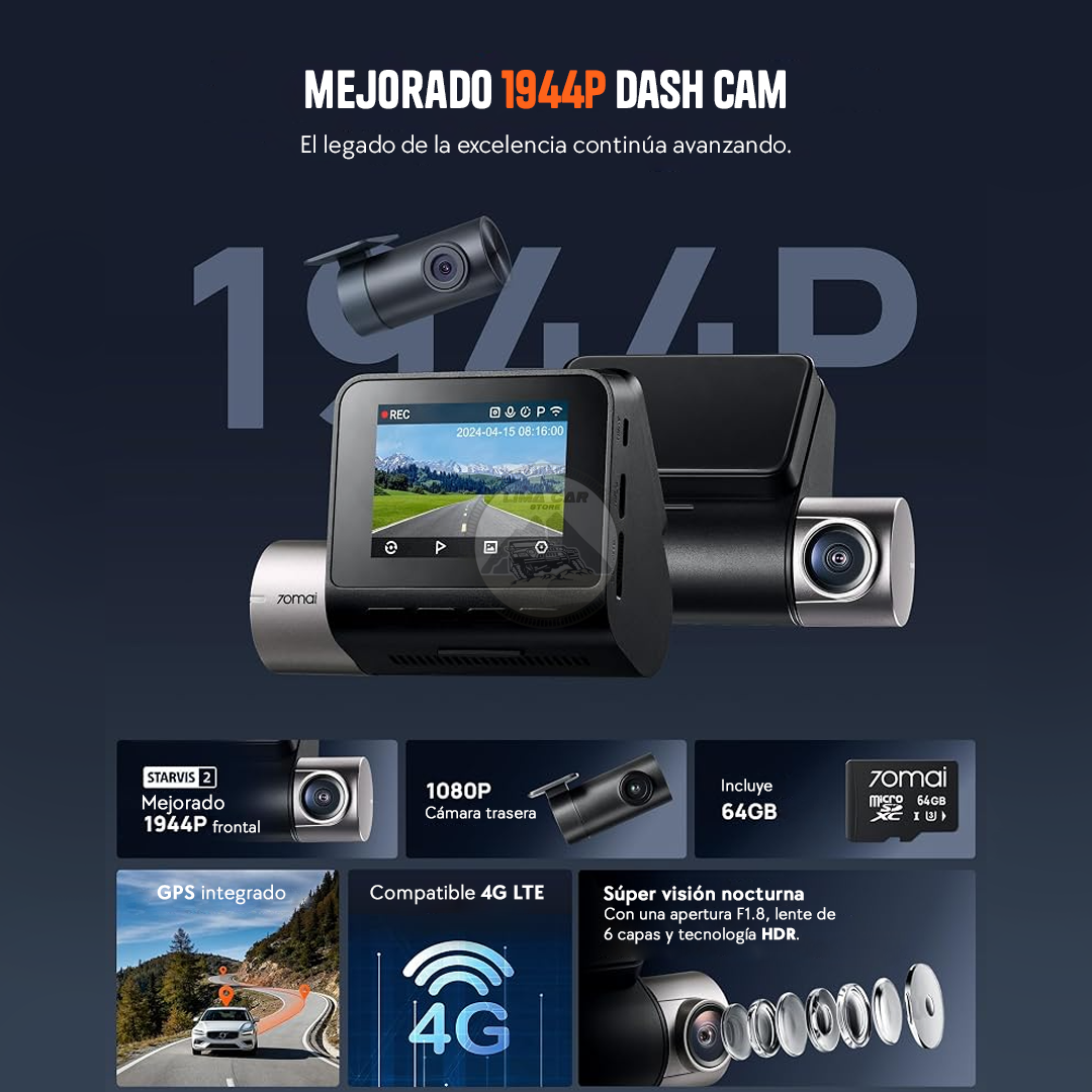 CÁMARA DE AUTO DASHCAM 2.7K + 64GB 2 CÁMARAS WIFI 70MAI A510 - 4