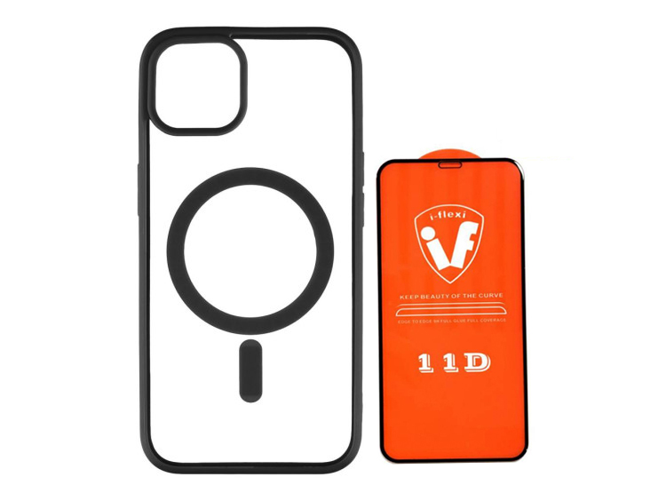 CASE CLEAR CON MAGSAFE MAGNETICO PARA IPHONE 15 PRO NEGRO + MICA DE VIDRIO 11D COMPLETO - 1