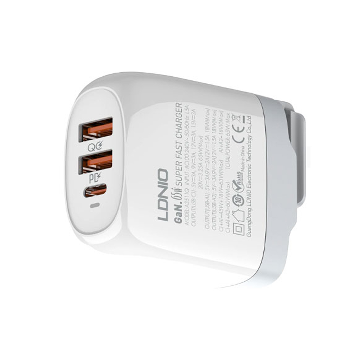 CARGADOR LDNIO 65W A3511Q GAN 3 PUERTOS SUPER RAPIDO CABLE MICRO V8 - 3