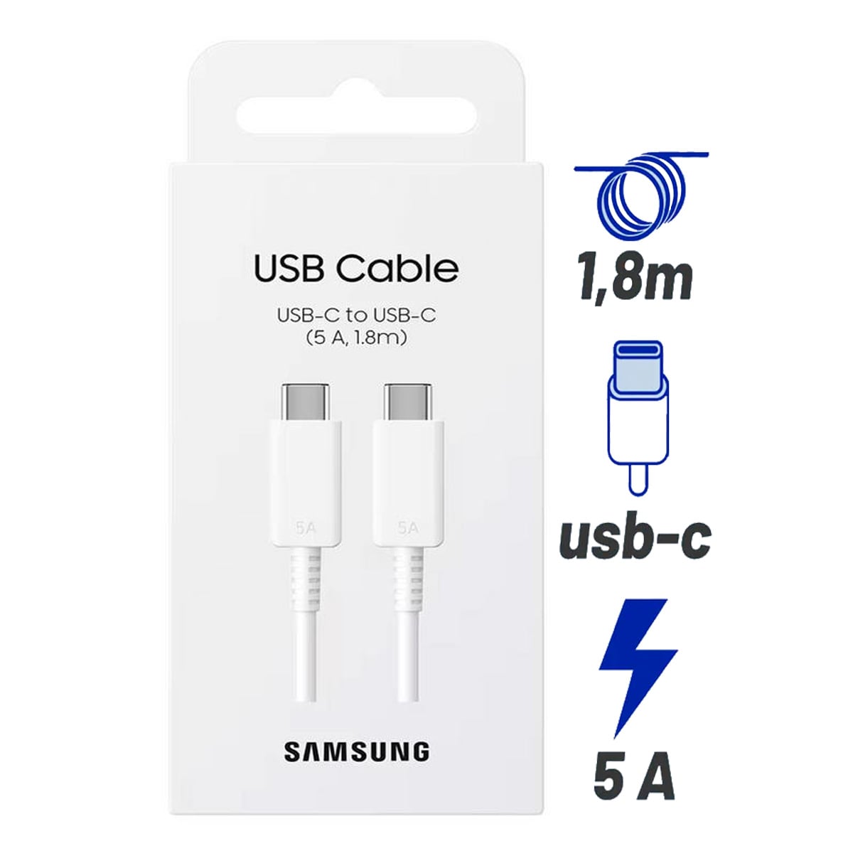 CABLE DE CARGA SAMSUNG TIPO C A C 5A LARGO 180CM BLANCO - 1