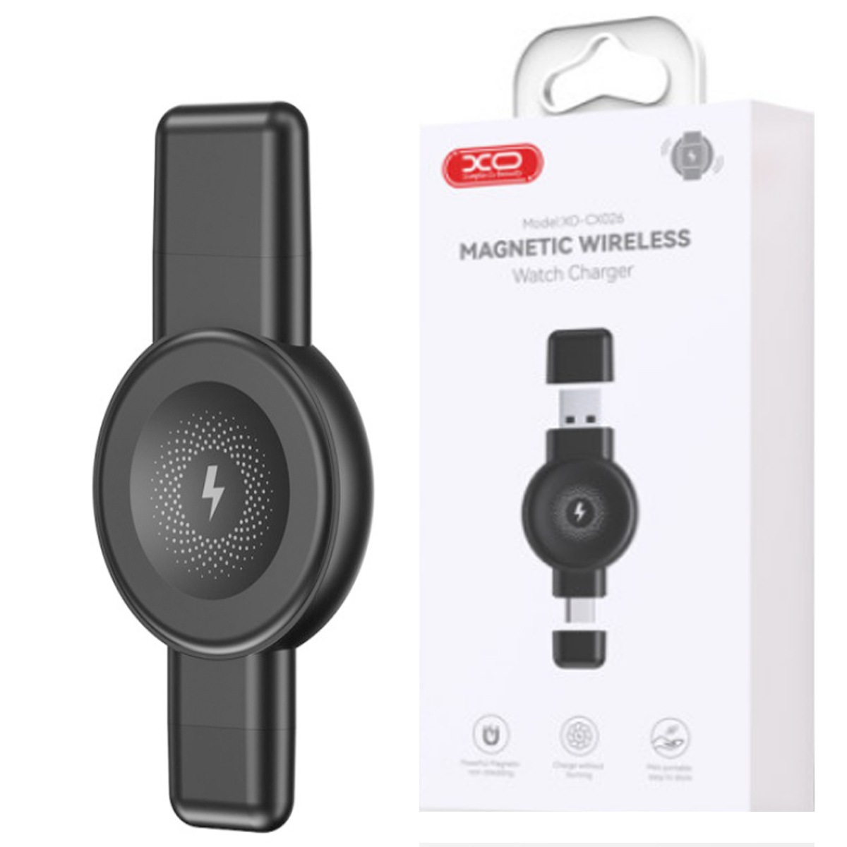 CARGADOR MAGNÉTICO INDUCTIVO INALÁMBRICO XO CX026 PARA RELOJ USB-A Y TIPO-C - NEGRO - 3