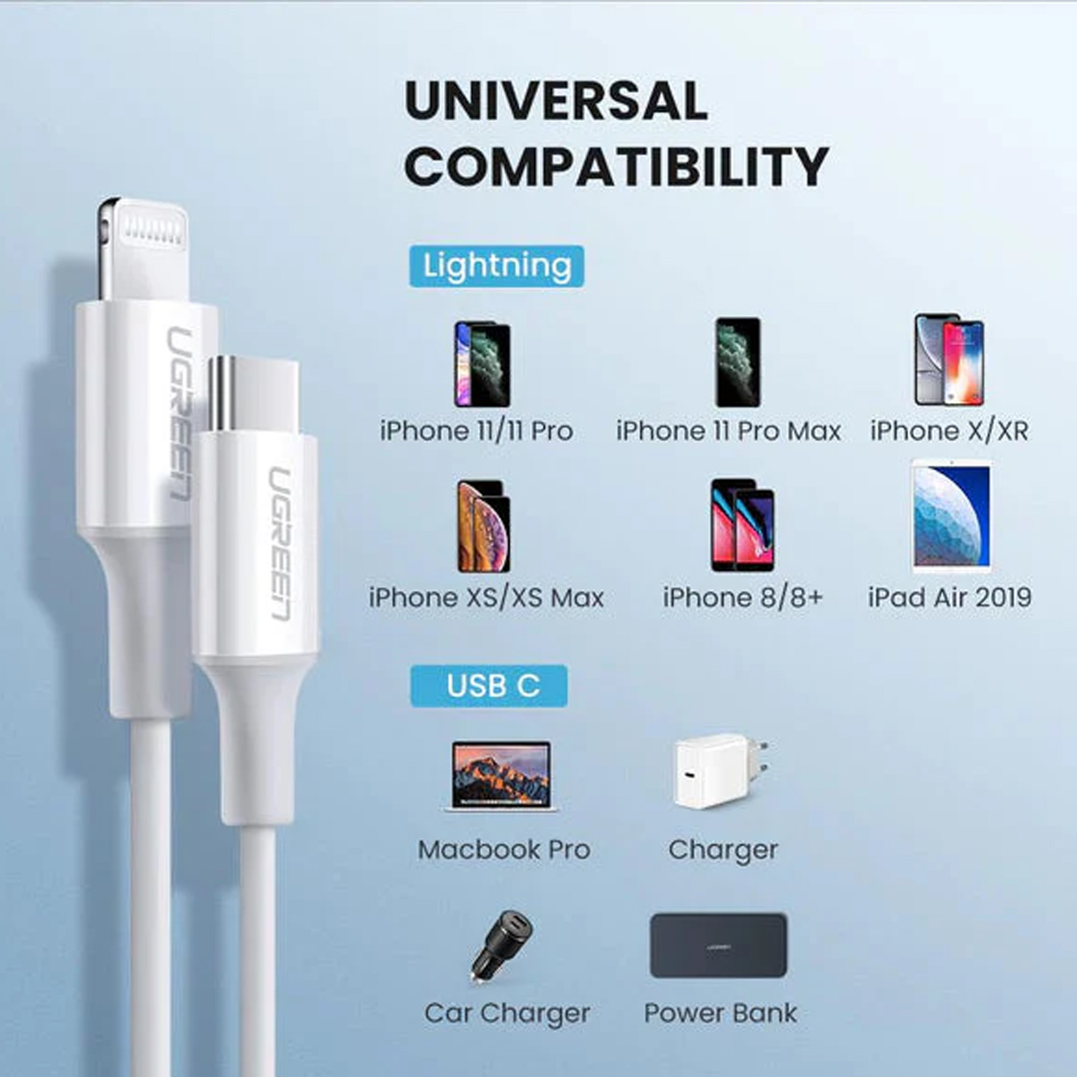 CABLE UGREEN USB-C A LIGHTNING 1M BLANCO US171 BLANCO - 3
