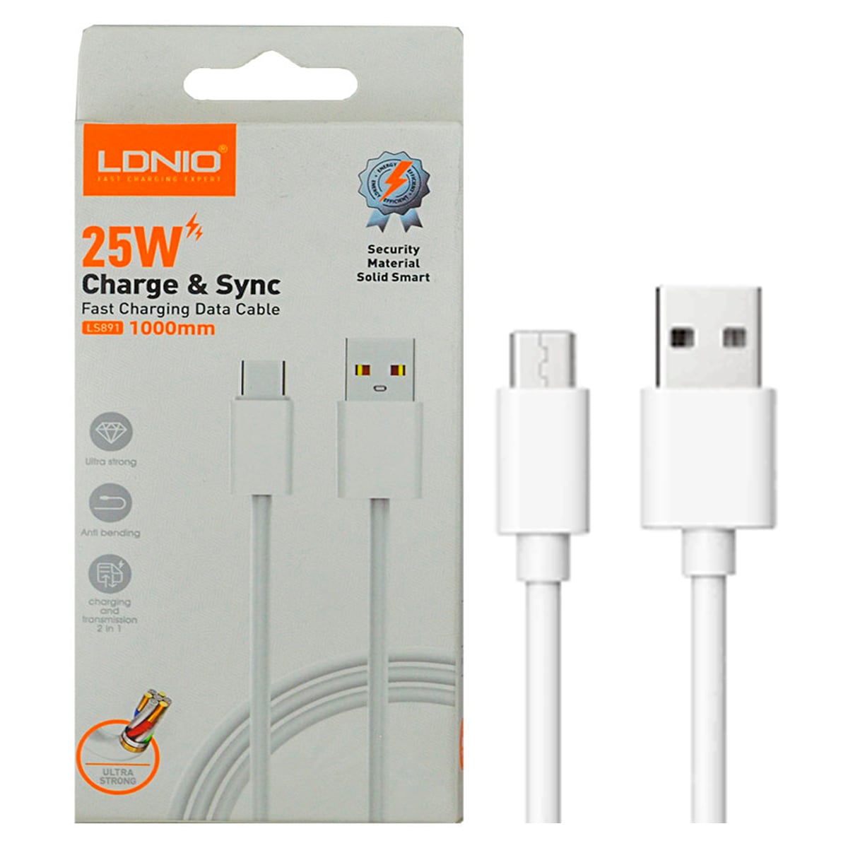 CABLE DE CARGA 2M MICRO USB-V8 DE 25W LDNIO LS892 BLANCO - 1