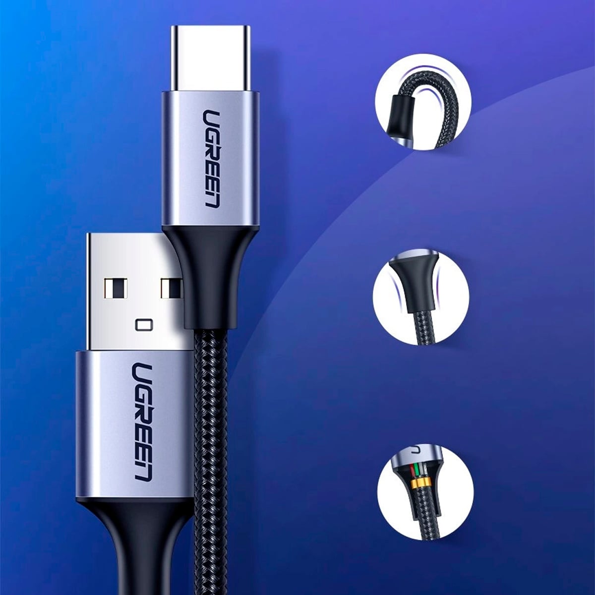 CABLE UGREEN 60126 USB-A A USB-C TRENZADO DE ALUMINIO 1M - 4