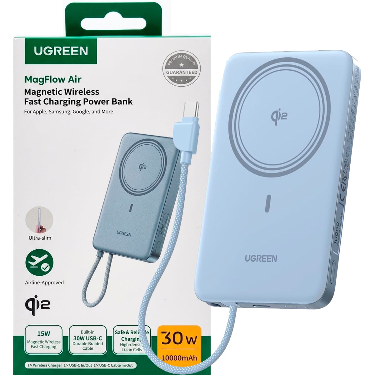POWER BANK MAGNÉTICO UGREEN 10000MAH 30W QI2 MAGFLOW AIR AZUL PB570 - 65839B - 1