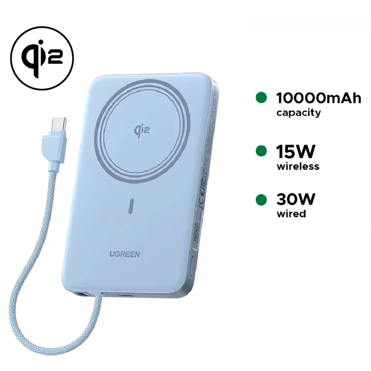 POWER BANK MAGNÉTICO UGREEN 10000MAH 30W QI2 MAGFLOW AIR AZUL PB570 - 65839B - 3