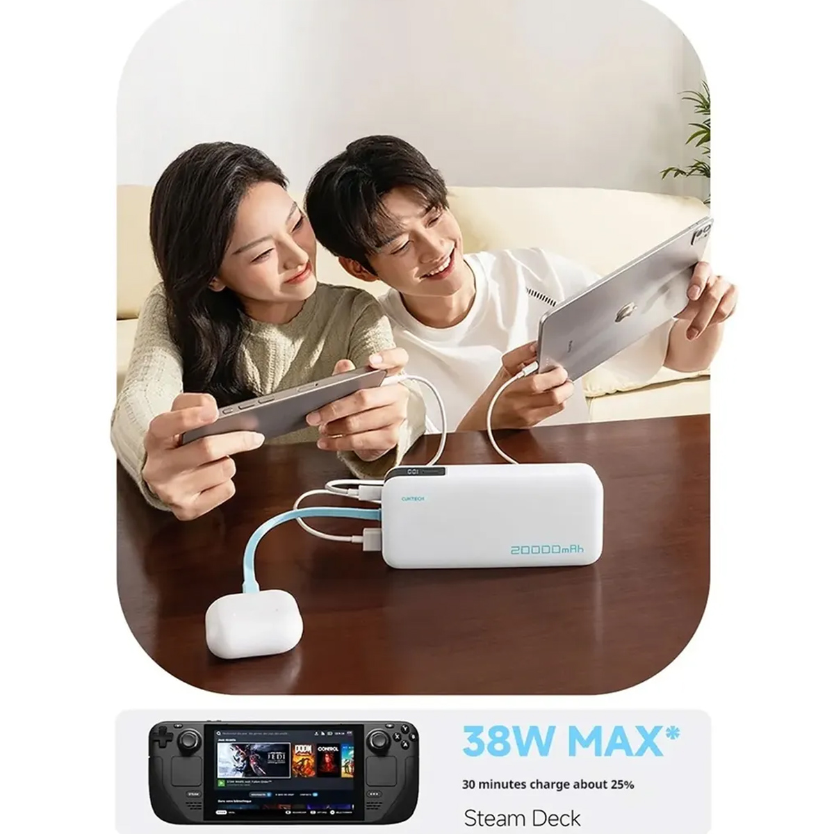 POWER BANK CUKTECH 20000MAH CP24 40W CON CABLE USB-C INTEGRADO - BLANCO - 3