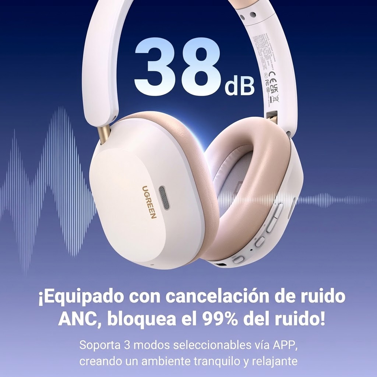 AUDIFONOS UGREEN HP203 HITUNE MAX 5C BLUETOOTH CANCELACION DE RUIDO - BLANCO - 2