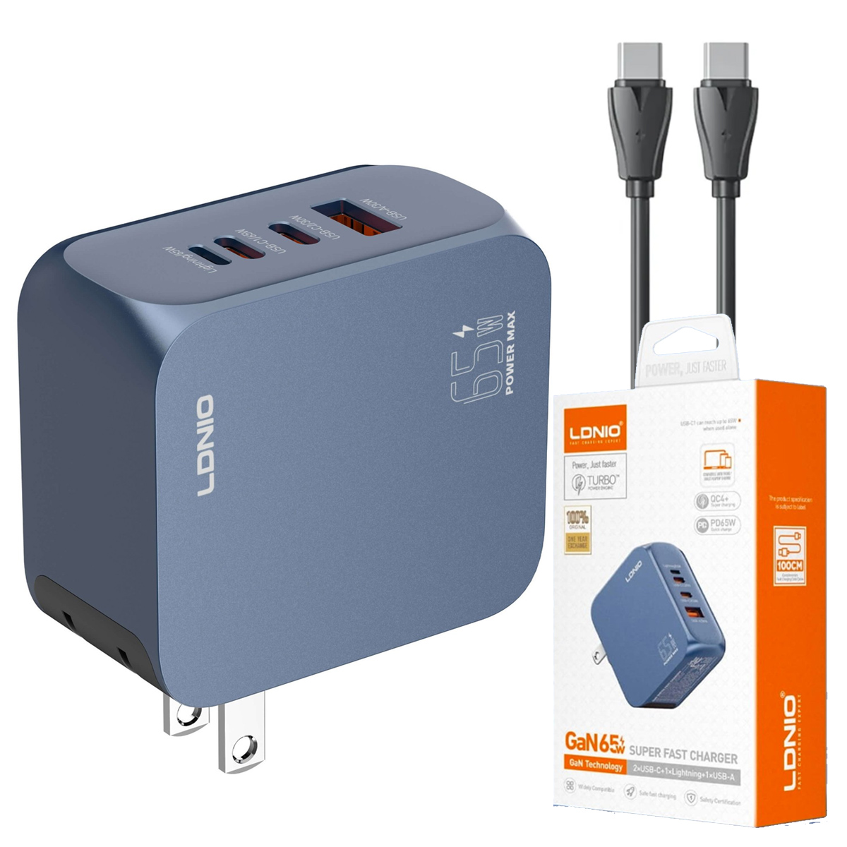 CARGADOR LDNIO Q7 65W GAN PARA IPHONE, SAMSUNG, IPAD Y LAPTOP CABLE TIPO C - 1