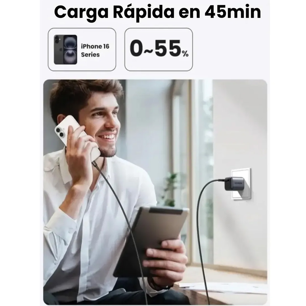 CARGADOR RÁPIDO UGREEN X517 GAN 25W TIPO C PARA IPHONE SAMSUNG XIAOMI - 5