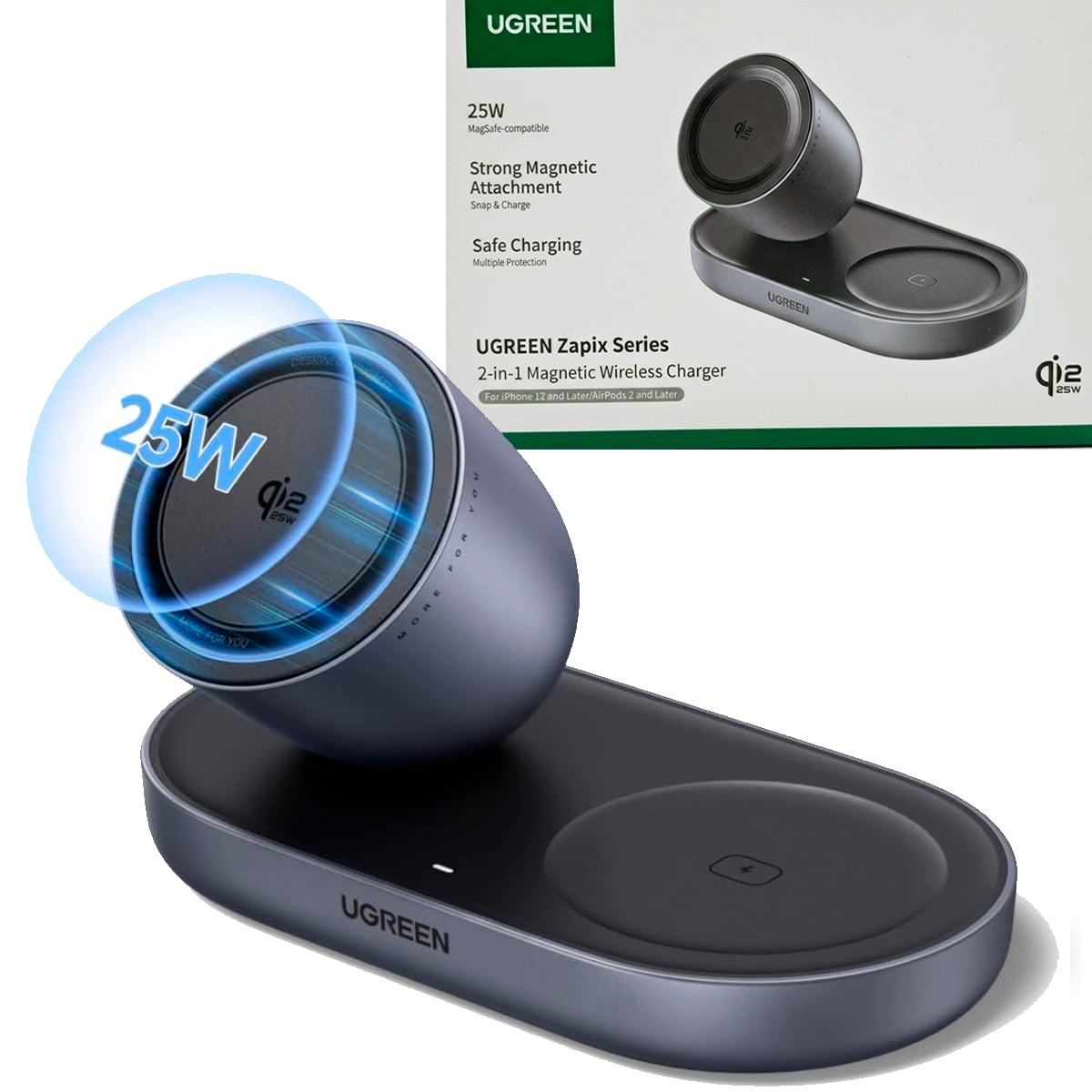 SOPORTE CARGADOR INALAMBRICO UGREEN W751 QI2 25W 2 EN 1 - 1