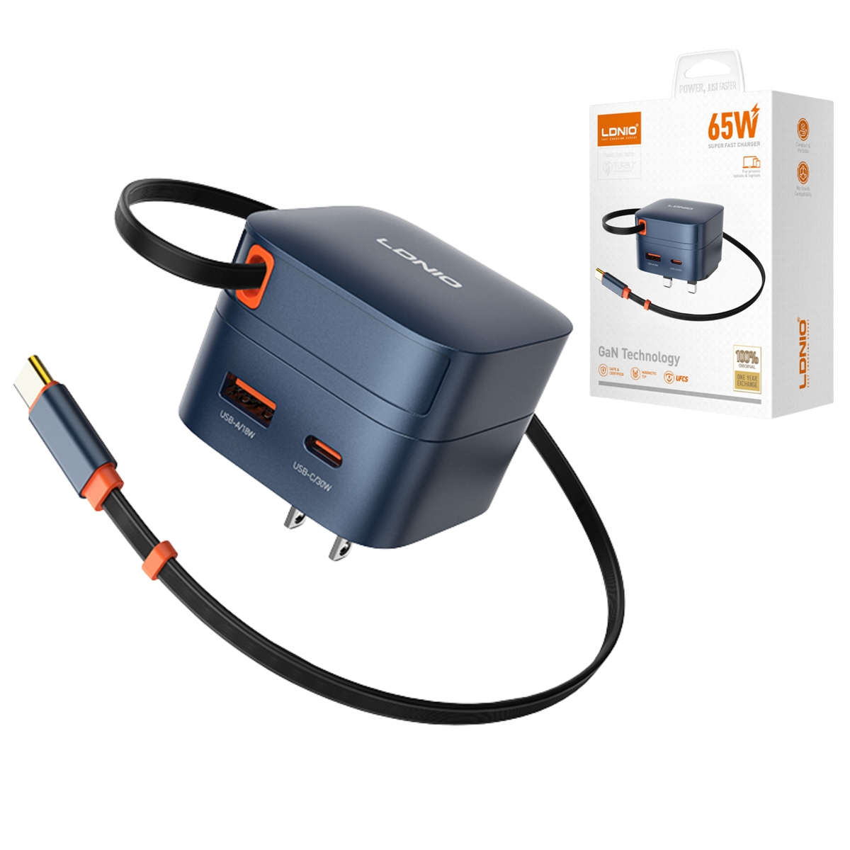 CARGADOR LDNIO Q10 45W CON CABLE USB-C INTEGRADO PARA ANDROID, LAPTOP MACBOOK, OTROS - 1