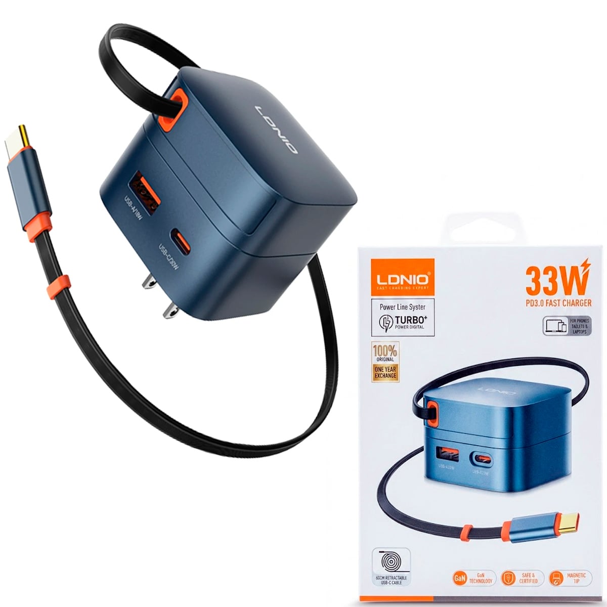 CARGADOR LDNIO Q9 33W USB-C CON CABLE RETRÁCTIL PARA IPHONE SAMSUNG - NEGRO - 1