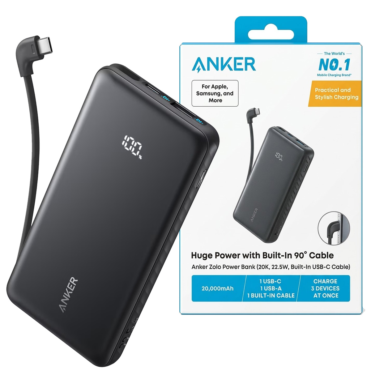 BATERÍA EXTERNA ZOLO (20.000 DE 22.5W CON CABLE USB-C INTEGRADO) - NEGRO - 1