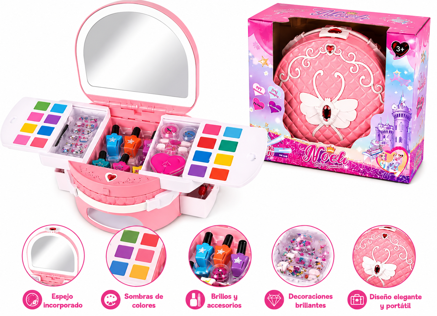 MAQUILLAJE INFANTIL COFRE CIRCULAR GRANDE CON ESPEJO Y ACCSESORIOS - 1