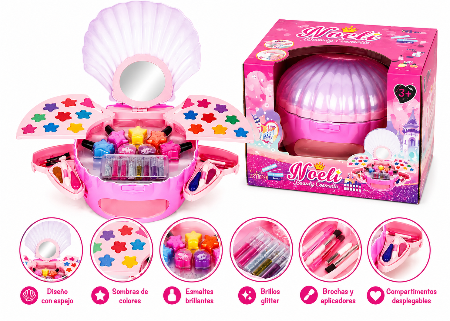COFRE DE MAQUILLAJE INFANTILEN FORMA DE CONCHA CON SECADOR DE UÑAS - 1