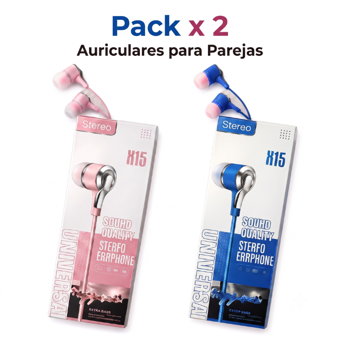 PACK X2 PAREJA AURICULAR CON CABLE 1M CON MICRÓFONO AZUL - 1
