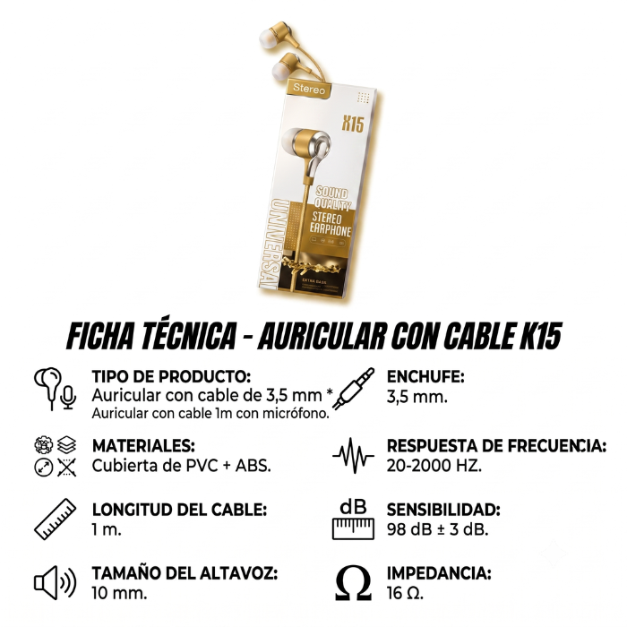 AURICULAR CON CABLE 1M CON MICRÓFONO DORADO - 2