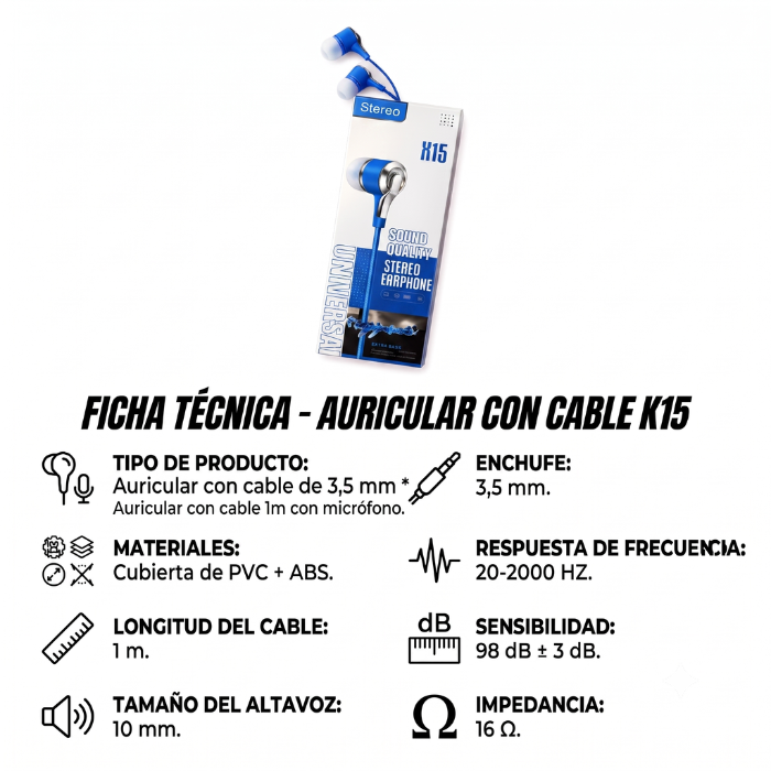 AURICULAR CON CABLE 1M CON MICRÓFONO AZUL - 2
