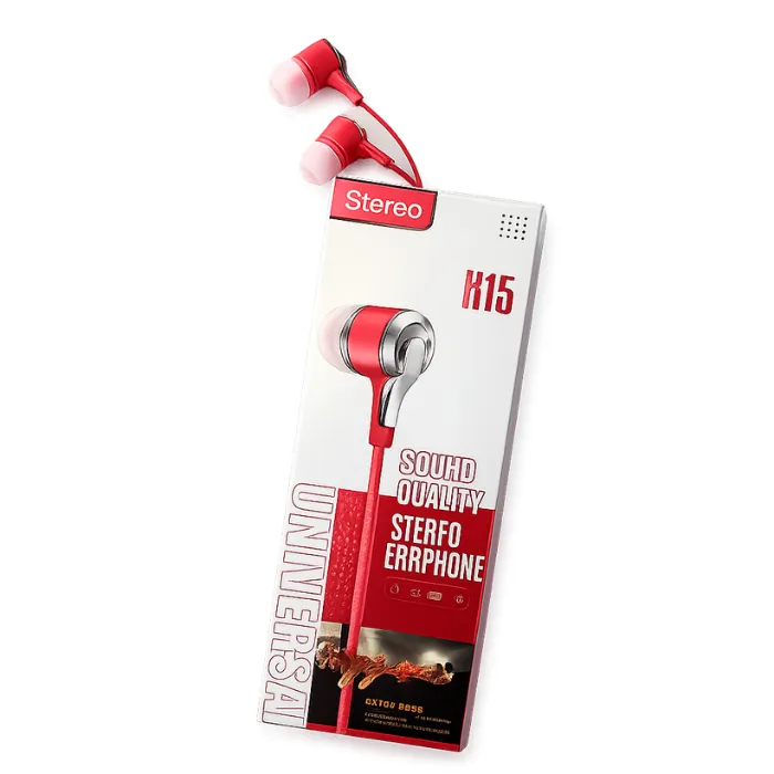 AURICULAR UNIVERSAL K15 STEREO CON CABLE 1M CON MICROFONO ROJO - 1