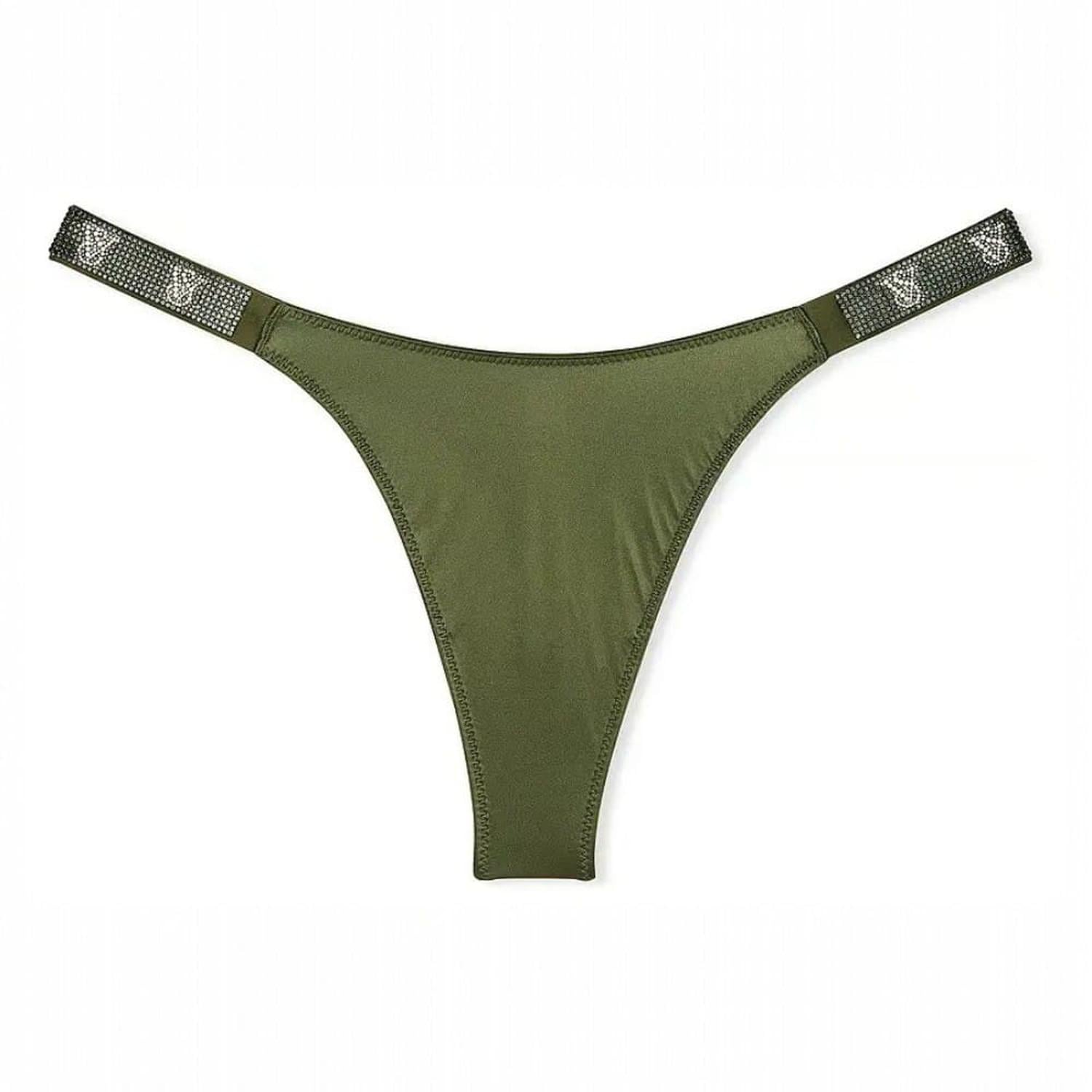 CALZON TANGA VICTORIAS SECRET VERDE OLIVO SATINADO TIRA BRILLANTE - 1
