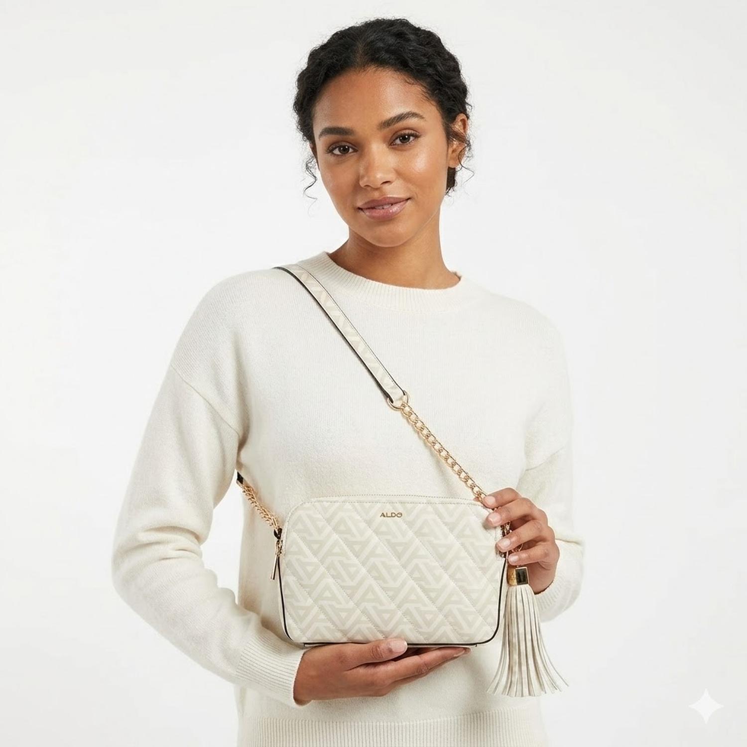CARTERA CROSSBODY ALDO MONOGRAFIADA BEIGE CON CADENA DORADA - 2