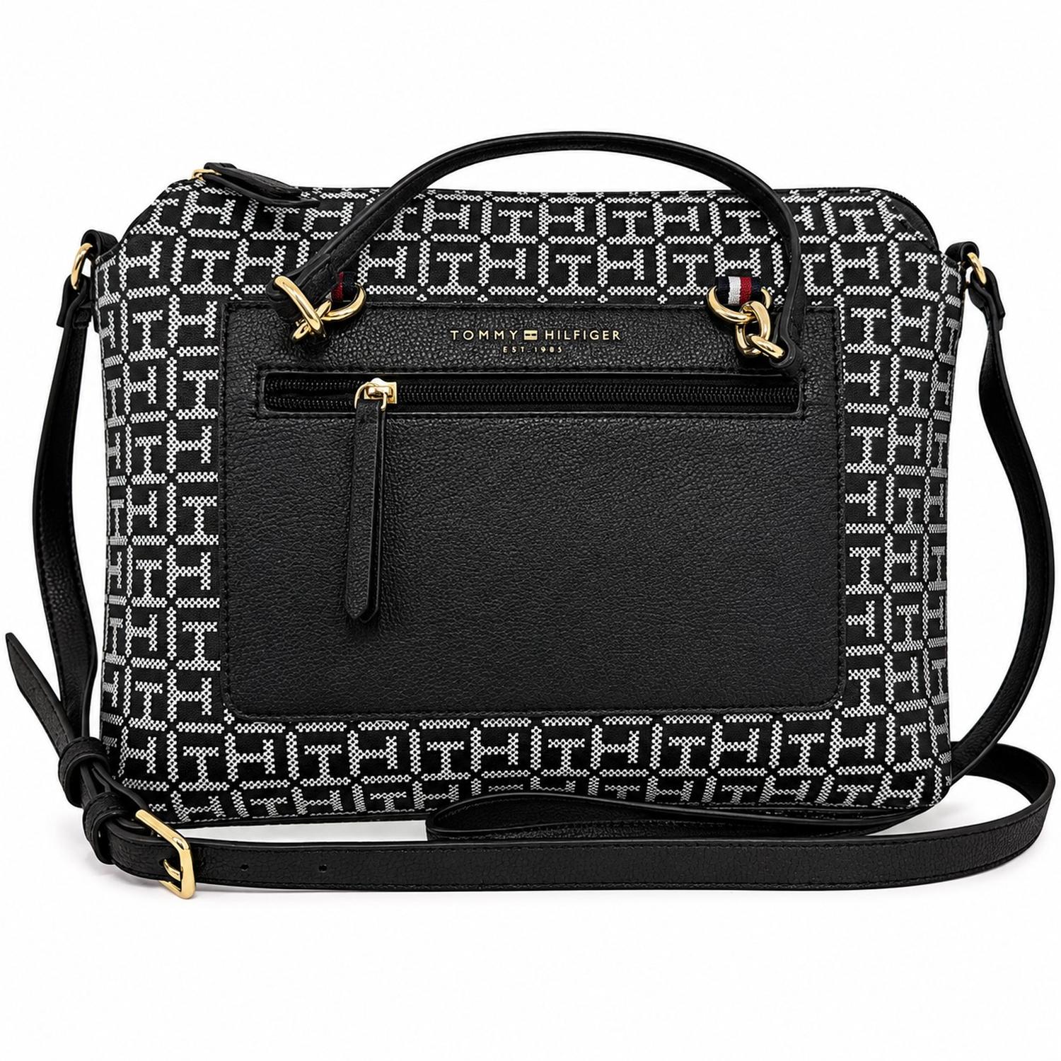 CARTERA TOTE Y CROSSBODY TOMMY HILFIGER MONOGRAFIADO NEGRO CON BOLSILLO EXTERIOR - 1