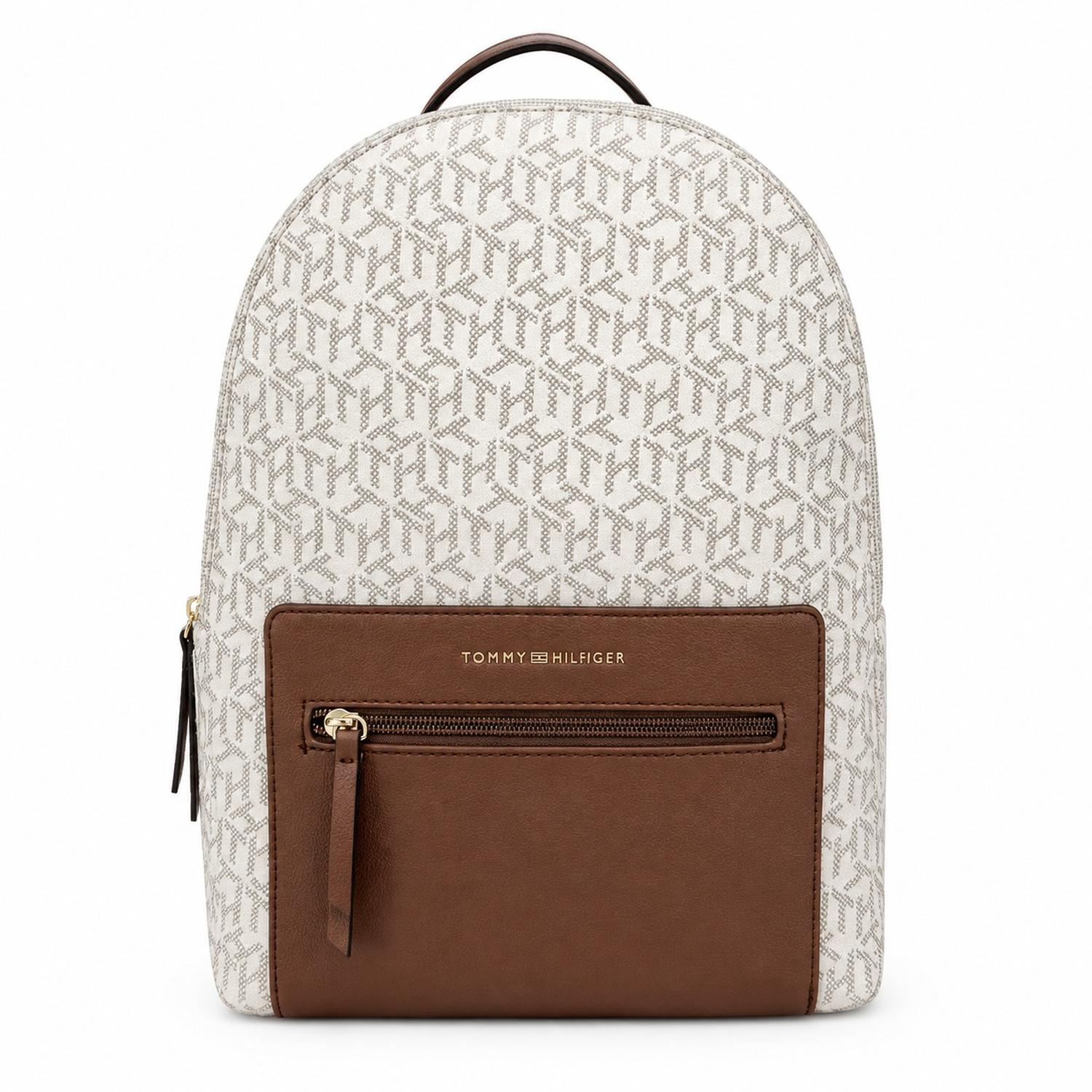 MOCHILA TOMMY HILFIGER BEIGE MONOGRAFIADA CON BOLSILLO EXTERIOR MARRÓN - 1