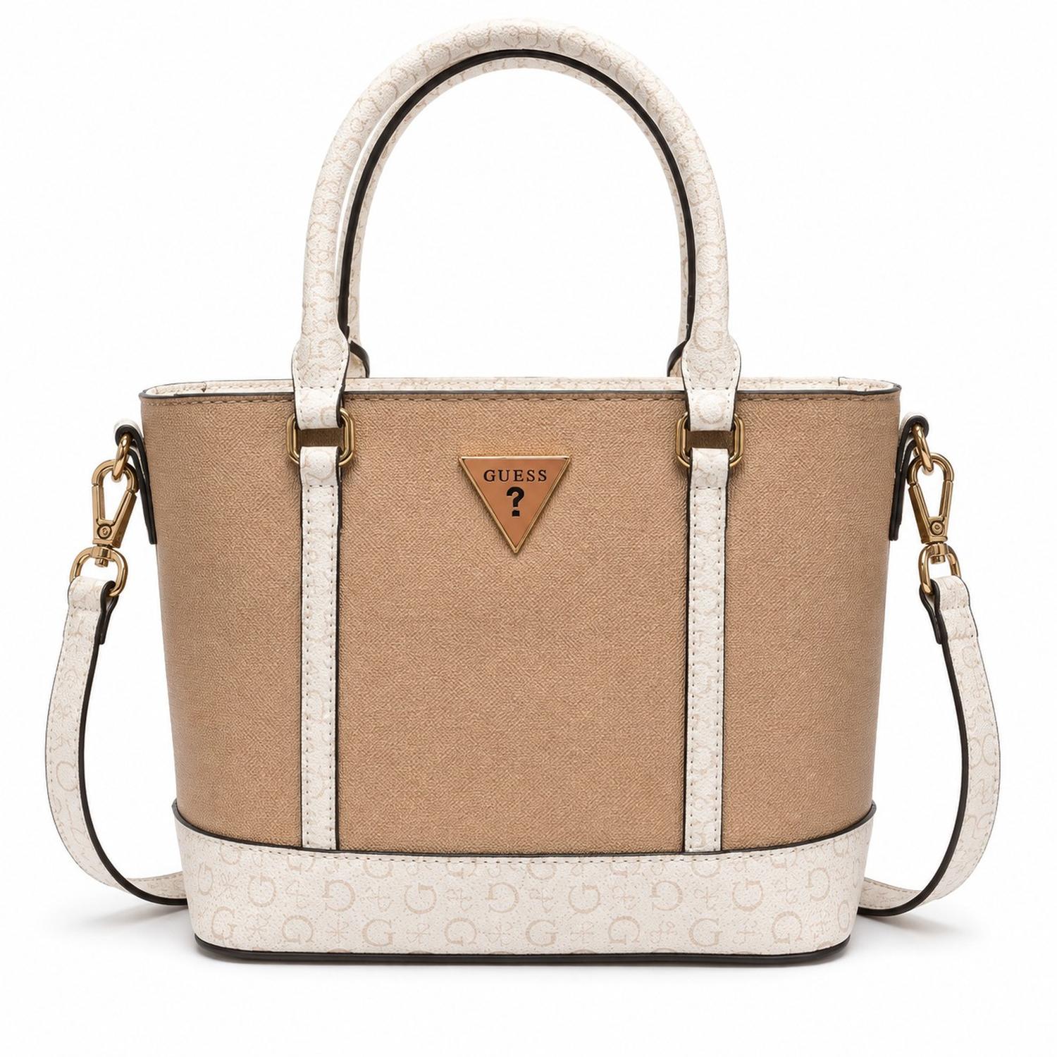 CARTERA QUINLEY MINI TOTE Y CROSSBODY GUESS MARRON Y BLANCO - 1