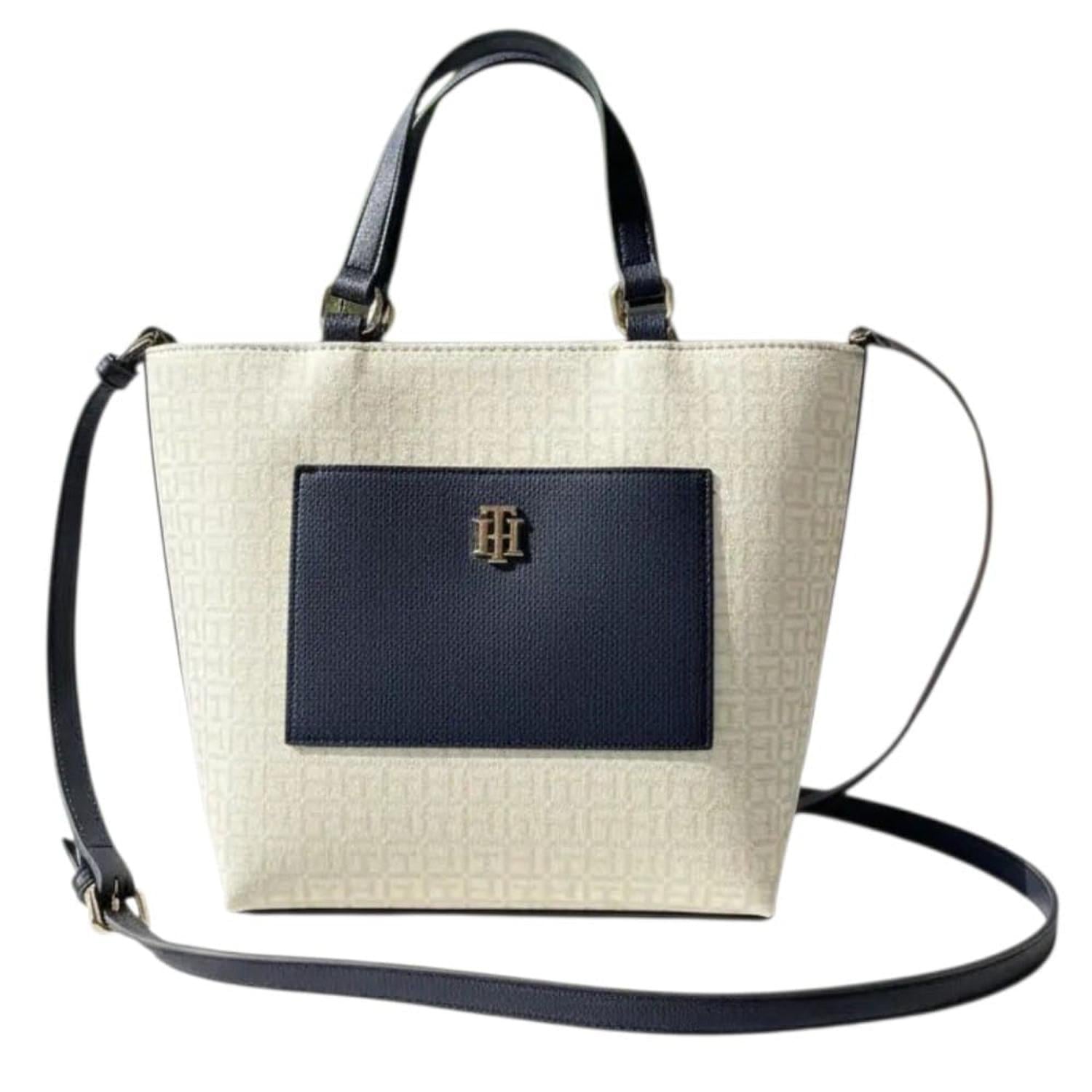 CARTERA MINI TOTE TOMMY HILFIGER MONOGRAFIADO BEIGE Y AZUL - 1