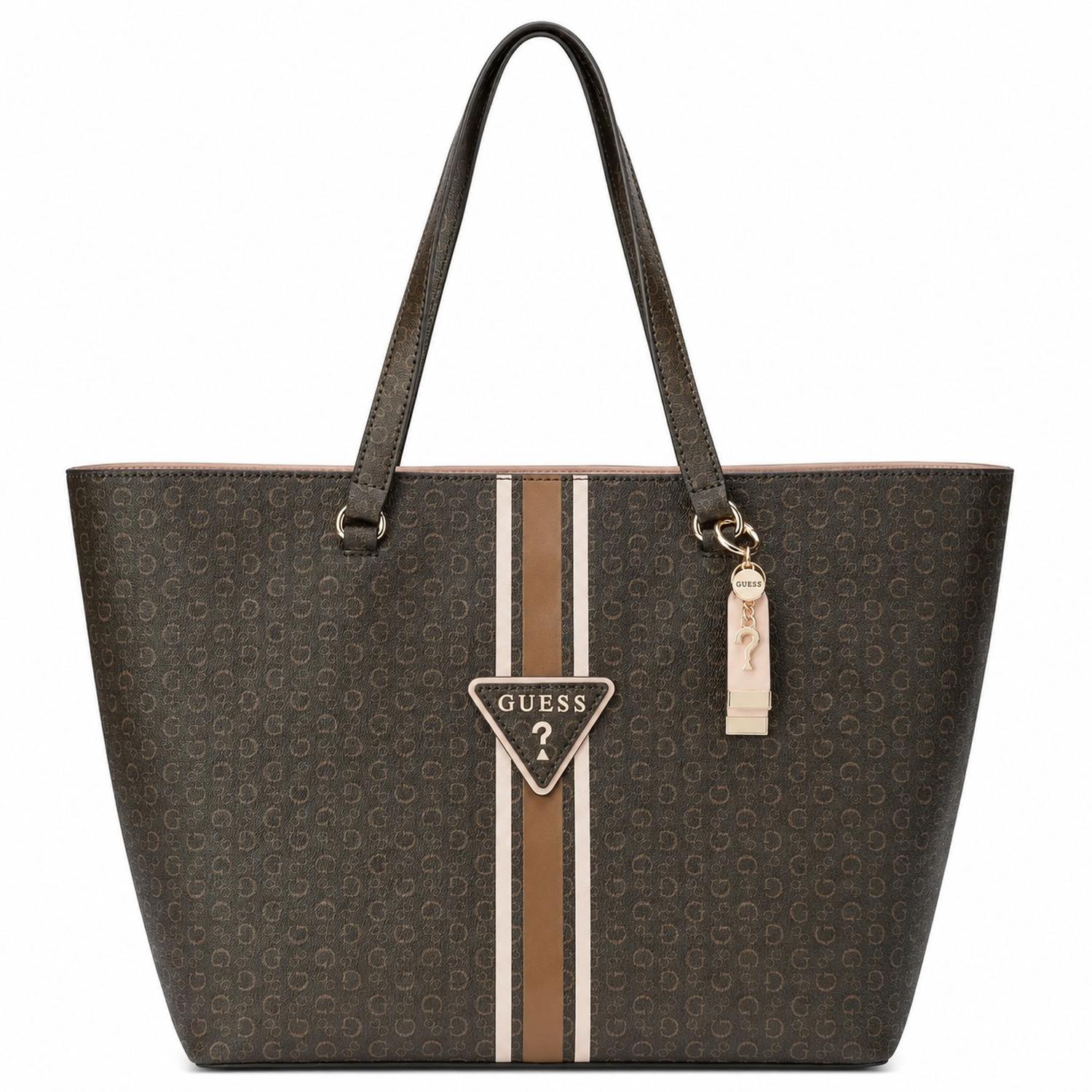 CARTERA TOTE GUESS TABHITA MARRÓN MONOGRAFIADA CON CINTA EN MEDIO - 1