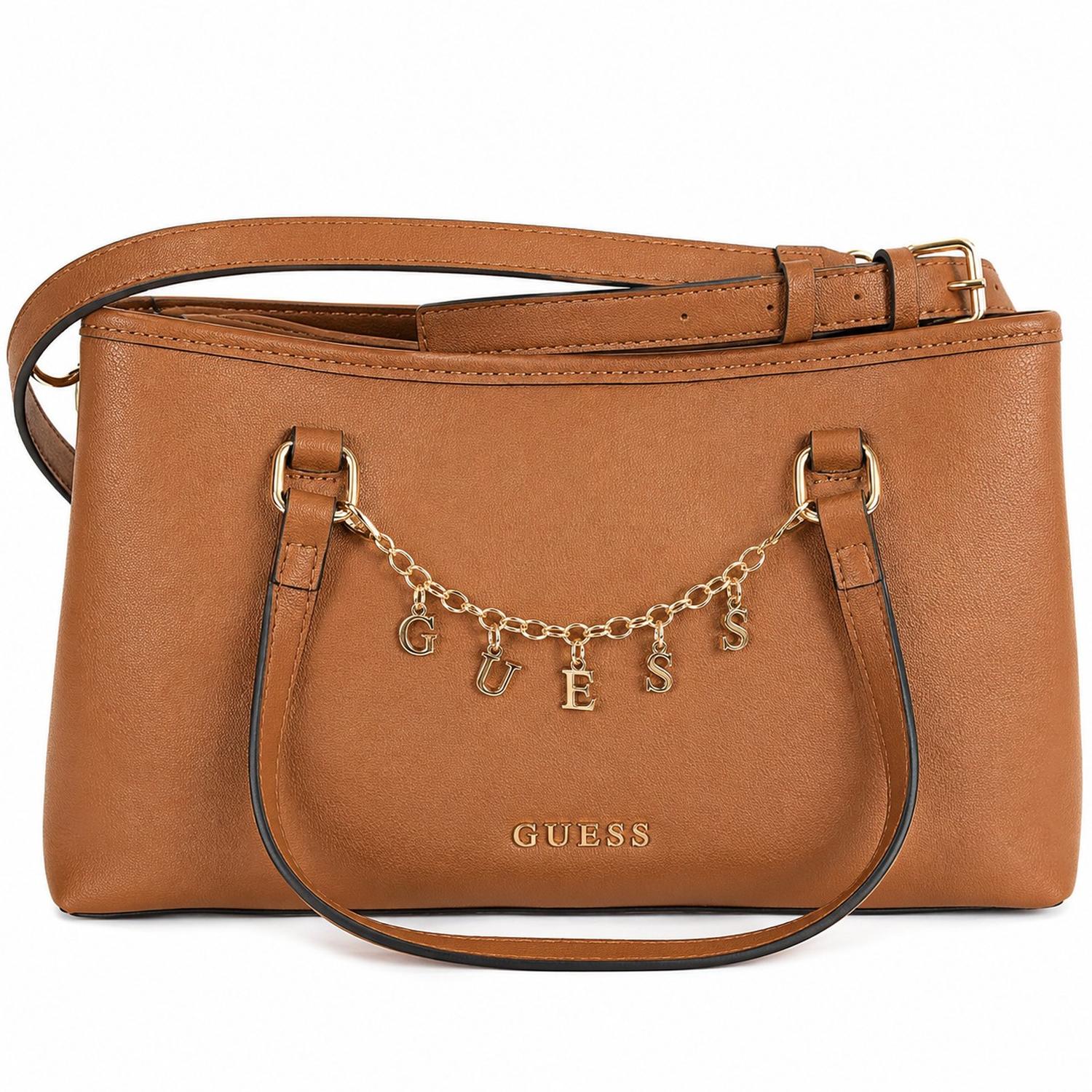 CARTERA CROSSBODY GUESS ANGELICA CAMEL CON CADENA DORADA - 1