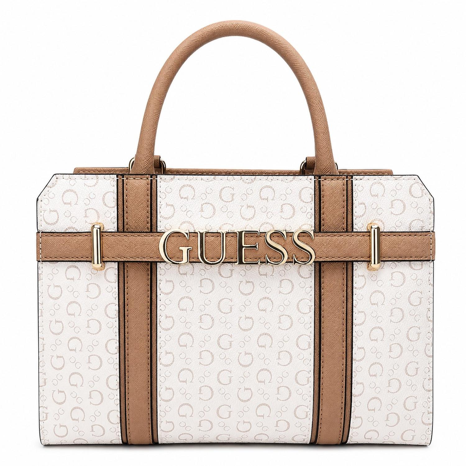 CARTERA TOTE Y CROSSBODY GUESS LISBETH MONOGRAFIADA BEIGE CON ADORNO DORADO - 1