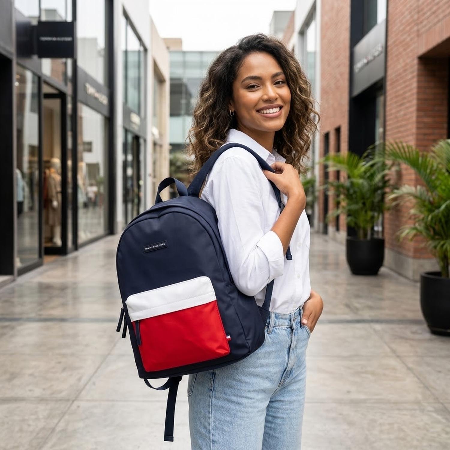 MOCHILA TOMMY HILFIGER AZUL CON BOLSILLO DELANTERO ROJO Y BLANCO - 2