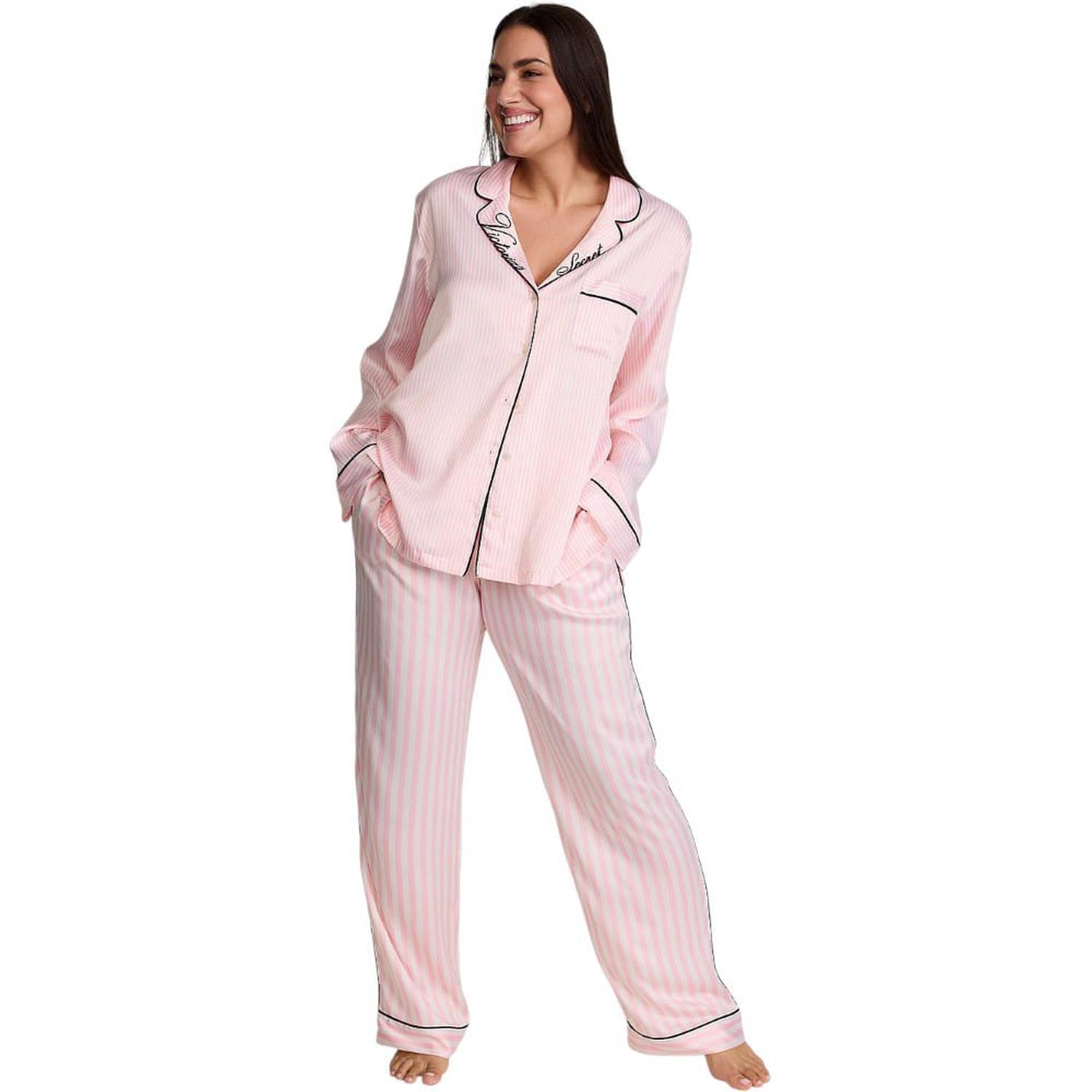 CONJUNTO DE PIJAMA SATÍN ROSADO VICTORIAS SECRET LARGO TALLA S - 1