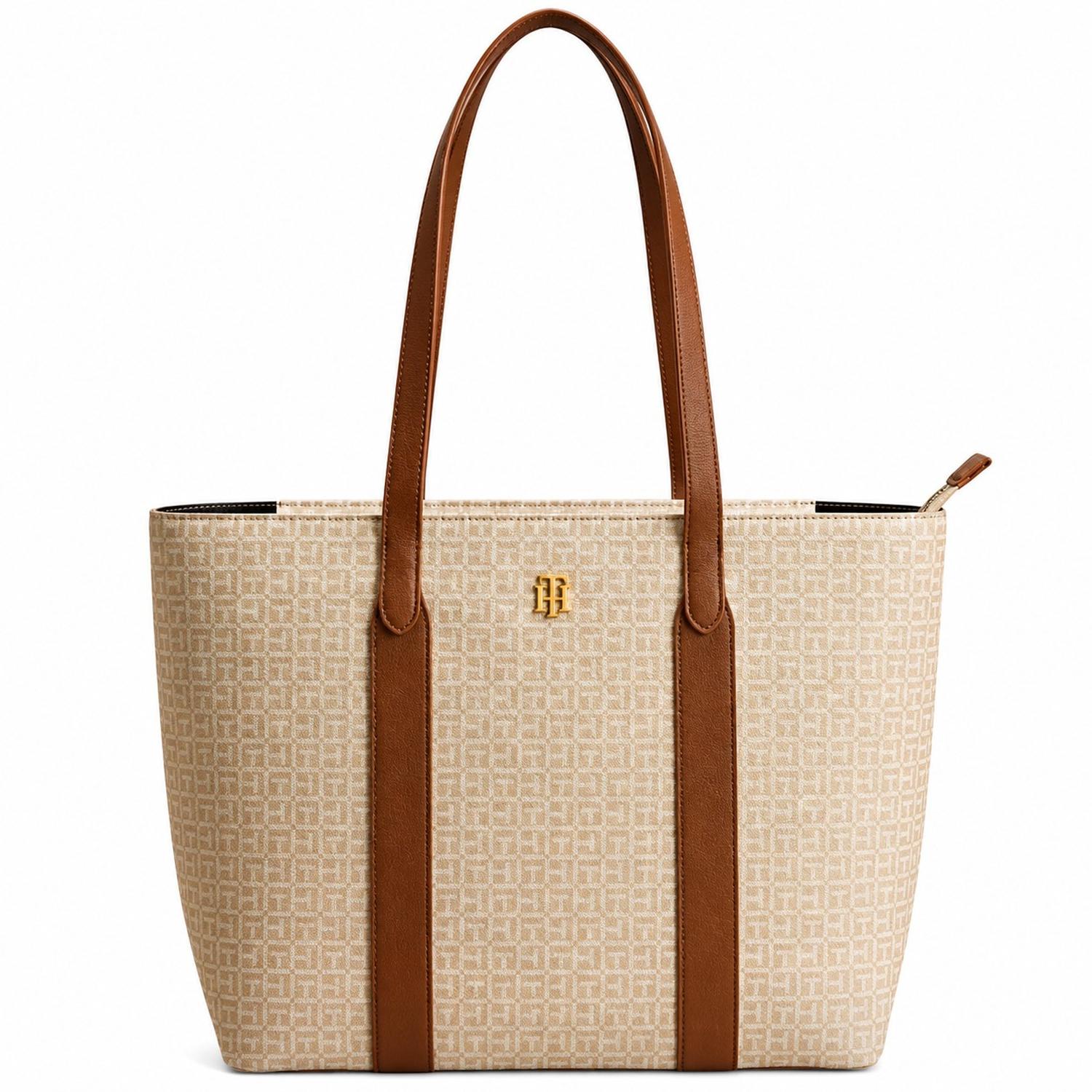 CARTERA TOTE TOMMY HILFIGER BEIGE MONOGRAFIADA CON MARRÓN - 1