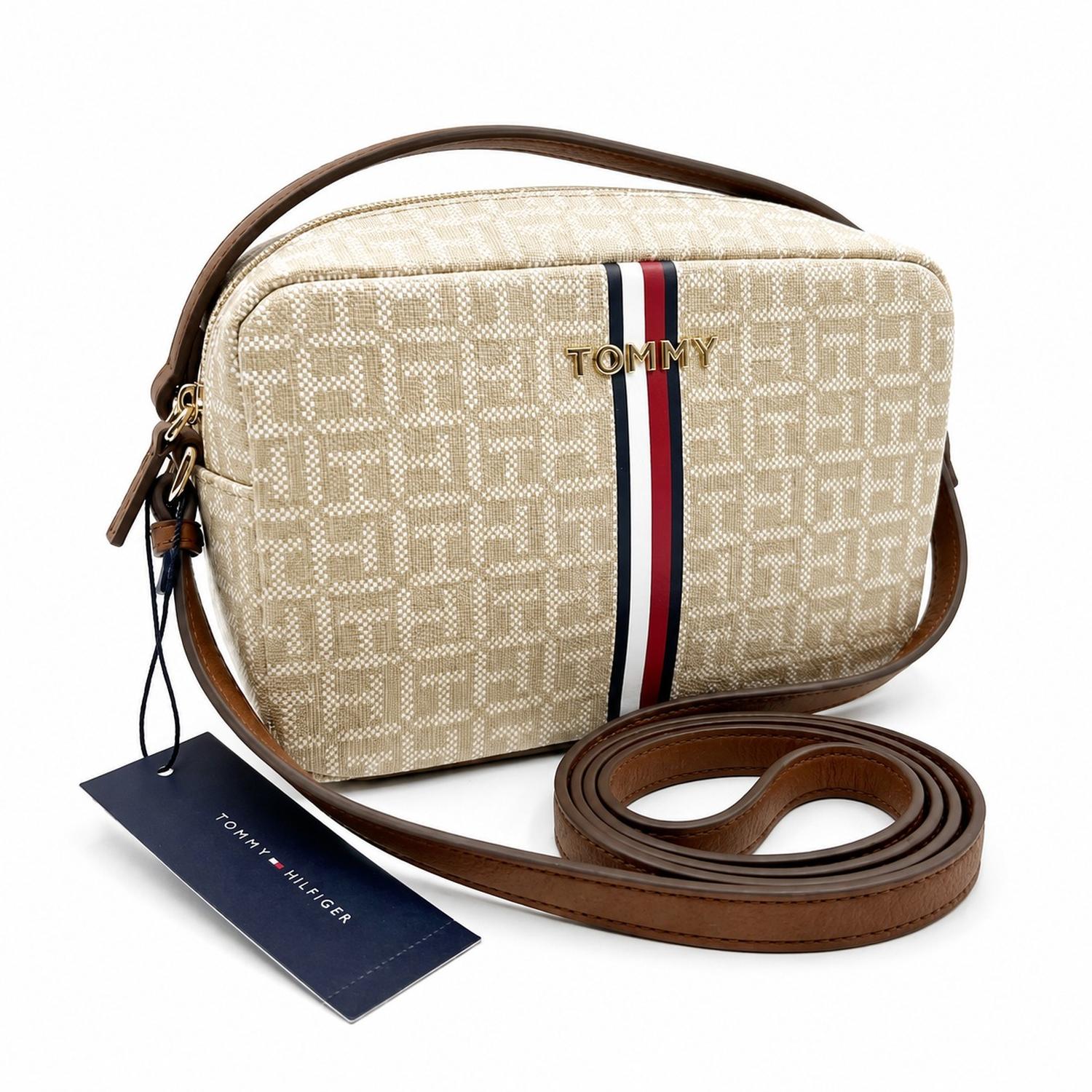 CARTERA CROSSBODY TOMMY HILFIGER BEIGE MONOGRAFIADA - 1