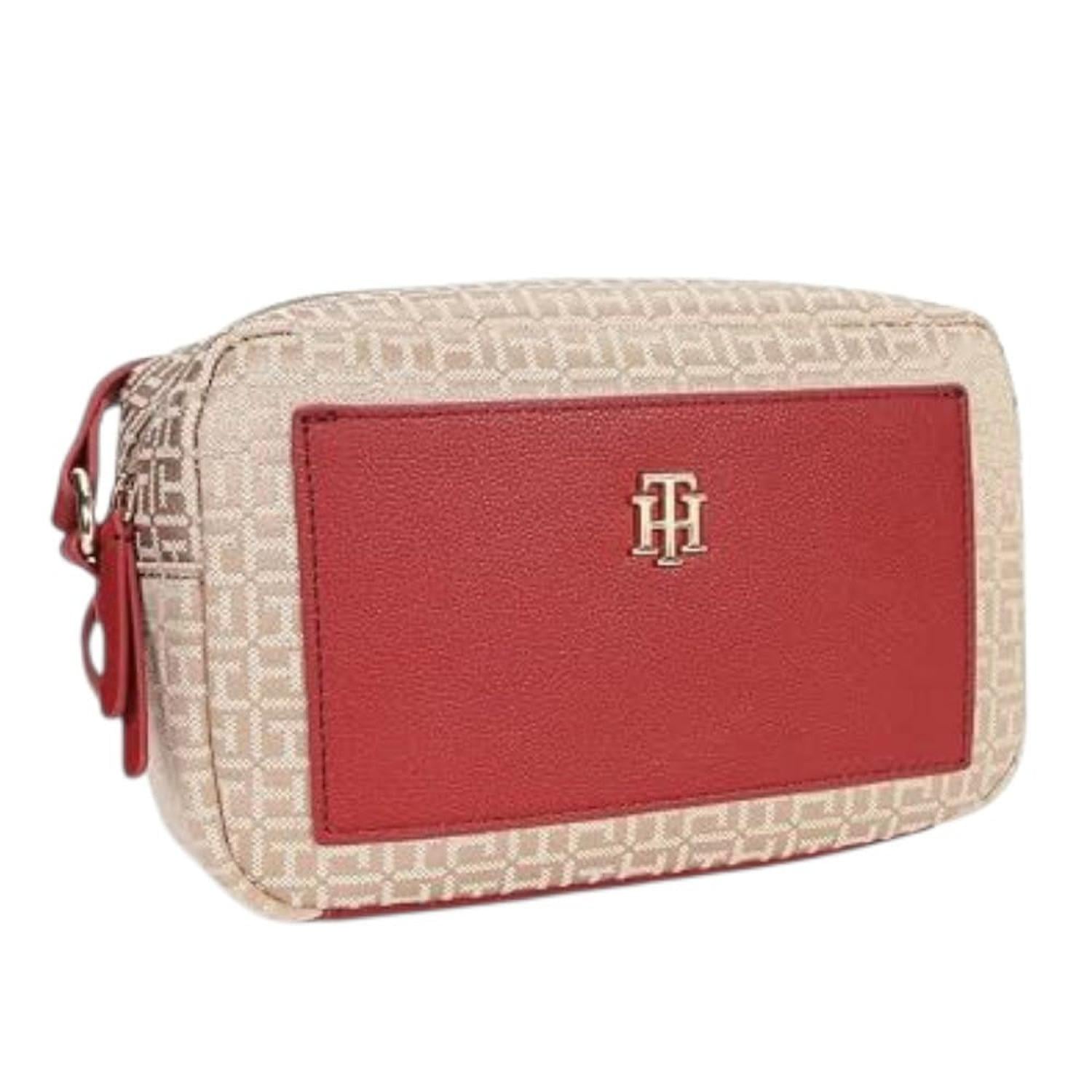 CARTERA CROSSBODY TOMMY HILFIGER BEIGE Y ROJO CON BOLSILLO DELANTERO - 1