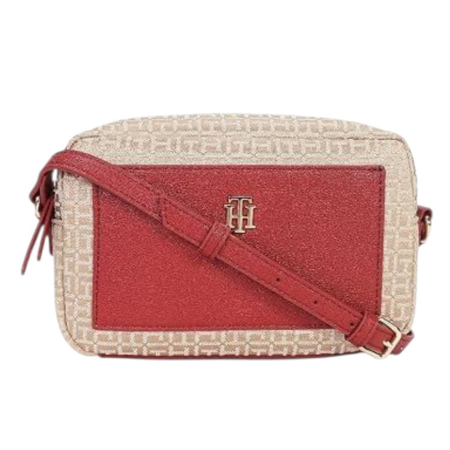 CARTERA CROSSBODY TOMMY HILFIGER BEIGE Y ROJO CON BOLSILLO DELANTERO - 3