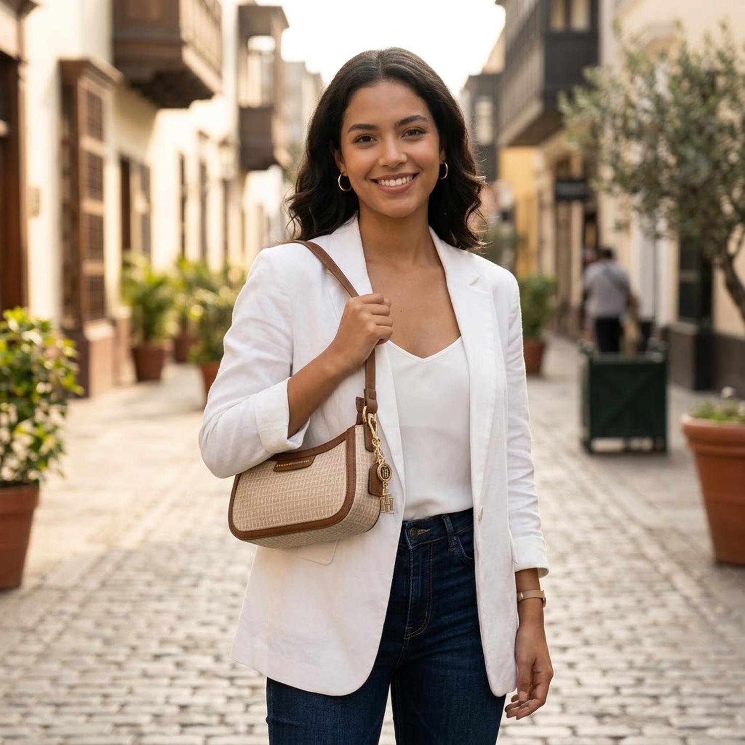 CARTERA MINI SHOULDER BAG TOMMY HILFIGER MONOGRAFIADO BEIGE CON MARRON Y ADORNO DORADO - 2