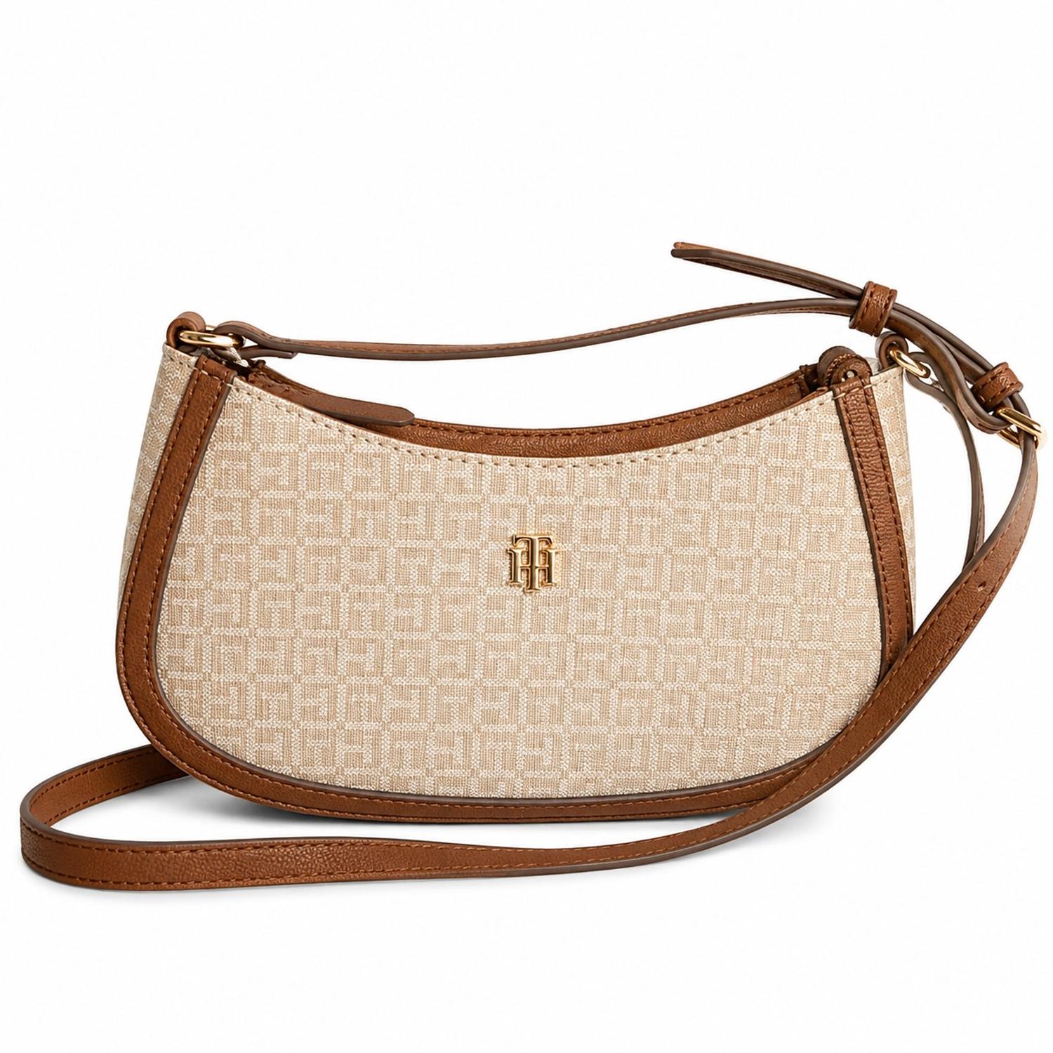 CARTERA MINI CROSSBODY TOMMY HILFIGER BEIGE CON MARRÓN MONOGRAFIADA - 1